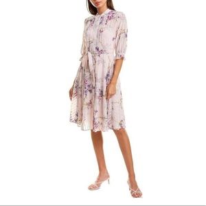 Nanette Lepore size 8 Pleated Floral Long Sleeve Tie Waist Dress Purple NWT